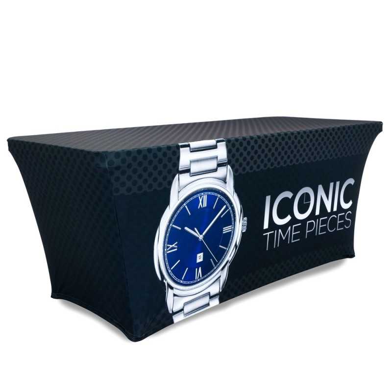 A 6ft black stretch table top display on a white background