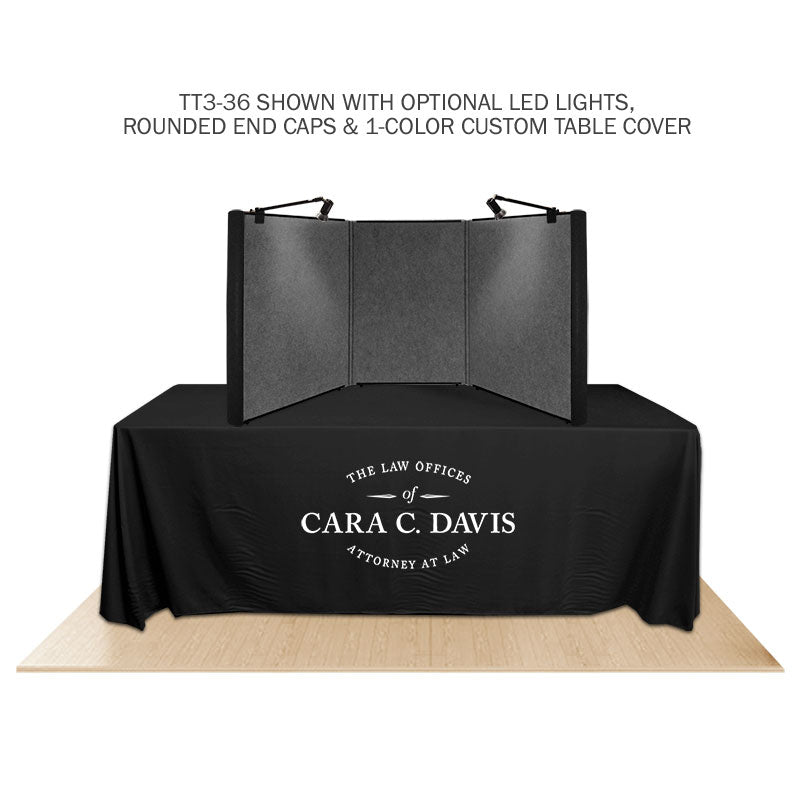 Promoter backlit table top display with solid gray and LED lights on a white background.