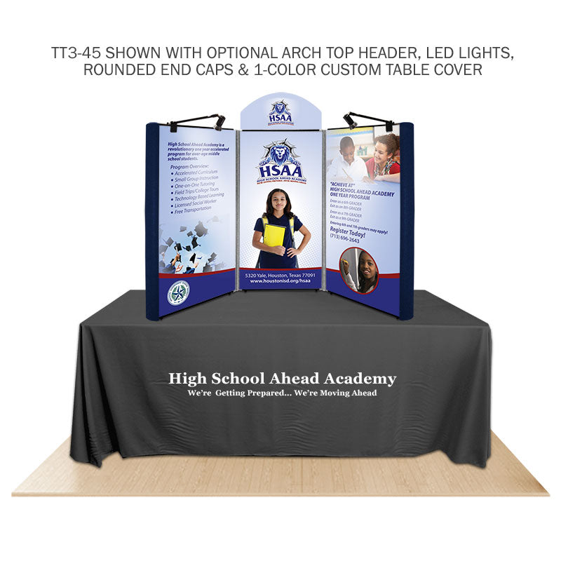 Promoter backlit table top display with panel graphics  on white background.