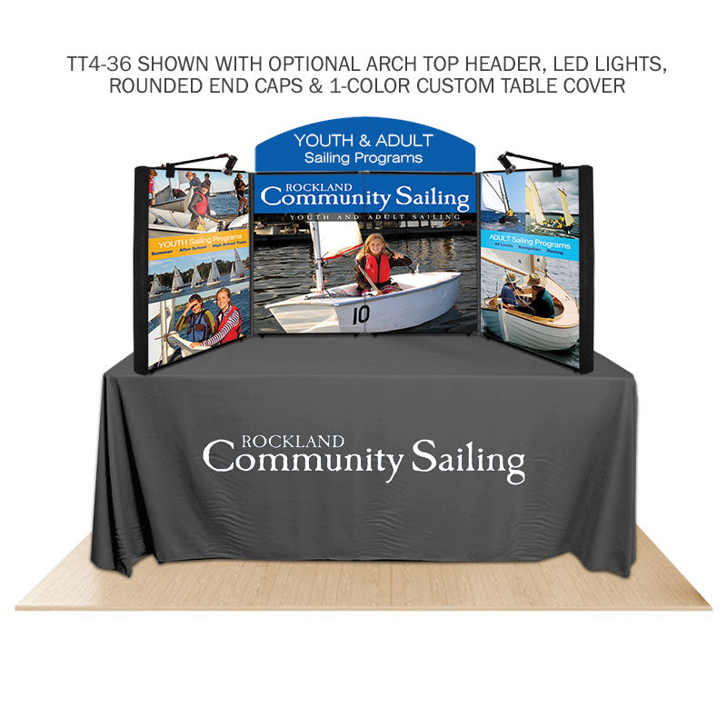 Promoter backlit table top display with images arch top  on white background.