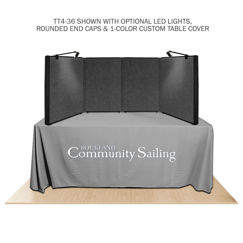 Promoter backlit table top display with gray solid color and lights on white background.