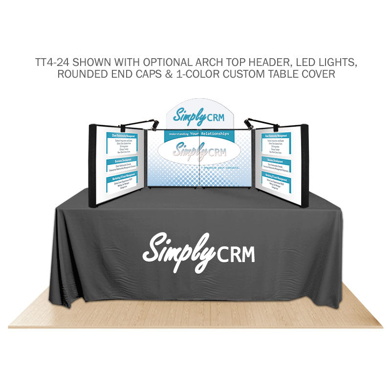 Promoter backlit table top display with images on white background. With optional arch top header, led lights, and rounded end caps. 