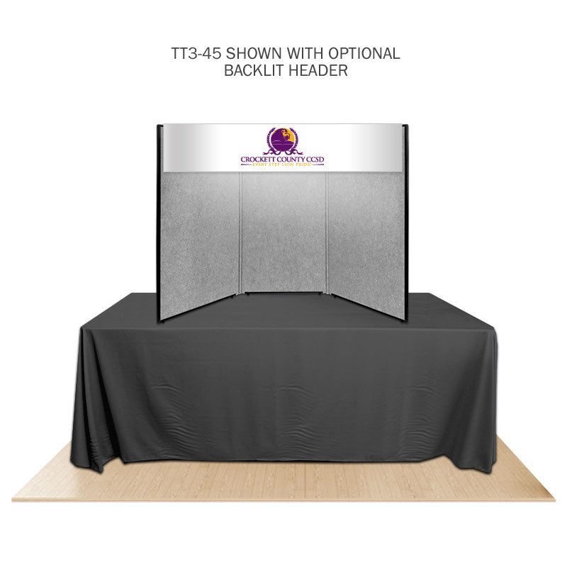 Promoter backlit table top display with backlit header on white background. 